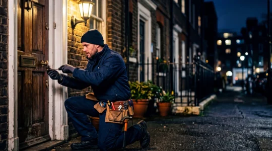 Artisan professionnel avec équipement de dépannage en intervention nocturne
