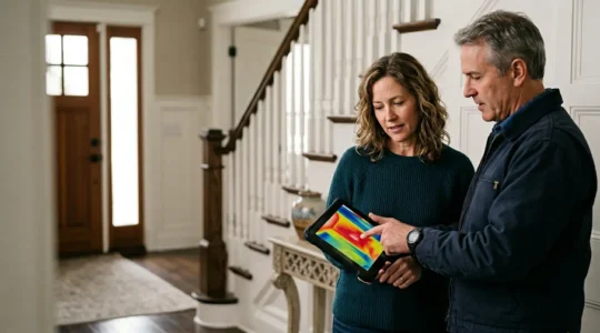 Propriétaire examinant les documents d'audit énergétique de sa maison avec un expert