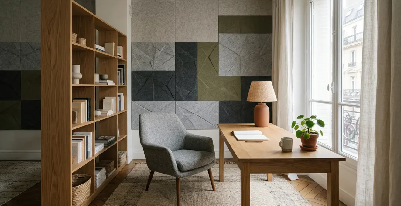 Espace de télétravail aménagé avec des solutions acoustiques dans une pièce lumineuse