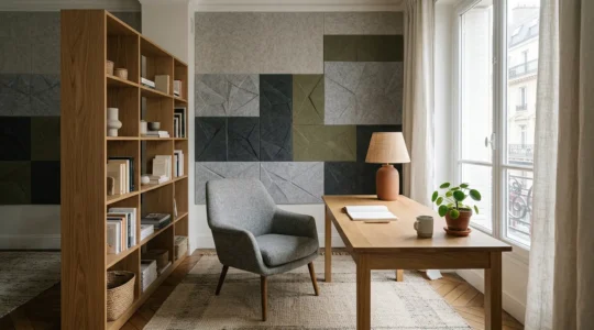 Espace de télétravail aménagé avec des solutions acoustiques dans une pièce lumineuse