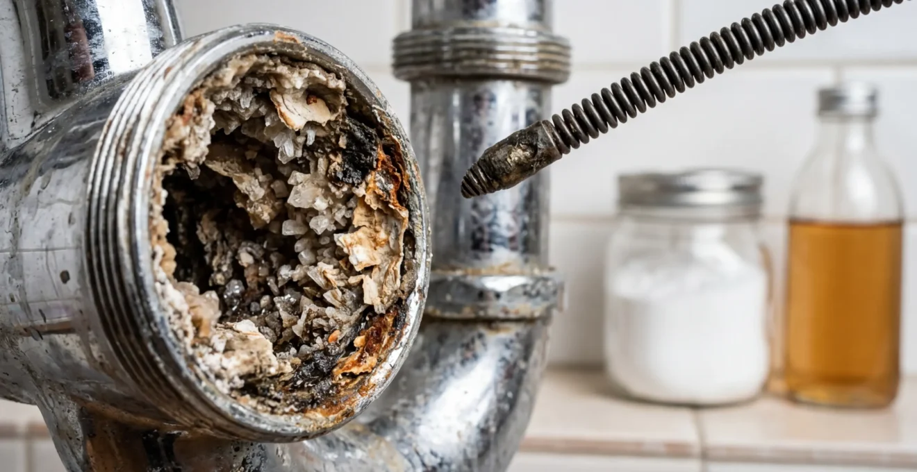 Vue macro d'un siphon métallique ouvert révélant des accumulations de calcaire, avec un furet professionnel et des ingrédients naturels floutés en arrière-plan