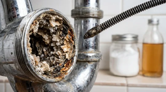 Vue macro d'un siphon métallique ouvert révélant des accumulations de calcaire, avec un furet professionnel et des ingrédients naturels floutés en arrière-plan