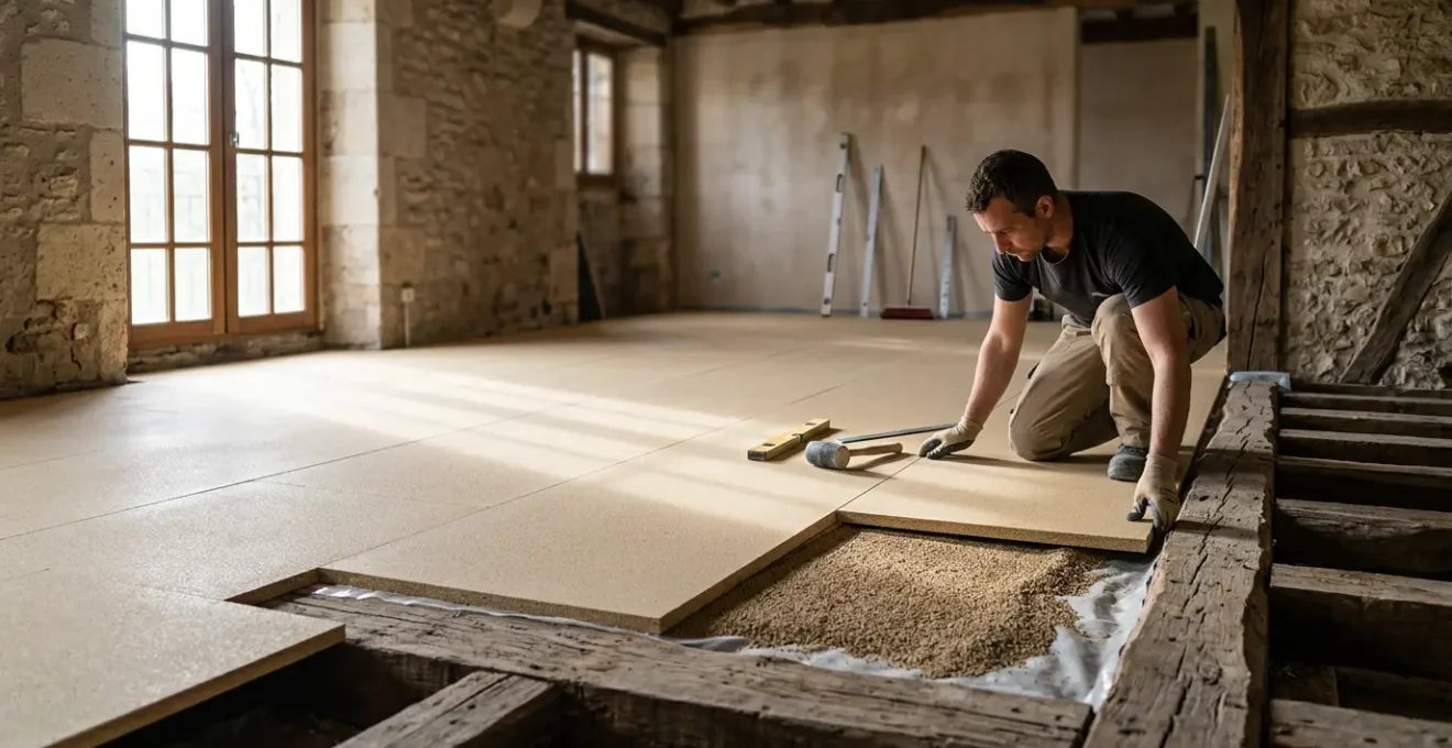 Pose professionnelle de plaques de chape sèche sur plancher ancien avec granulés d'égalisation nivelés