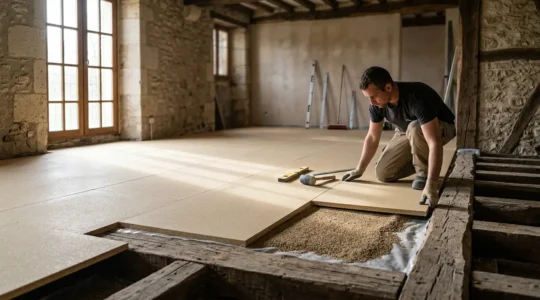Pose professionnelle de plaques de chape sèche sur plancher ancien avec granulés d'égalisation nivelés