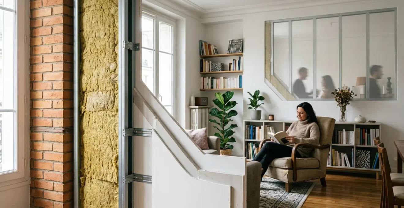 Coupe architecturale d'une pièce avec double cloison désolidarisée et isolation phonique intégrée