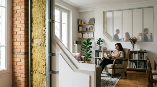 Coupe architecturale d'une pièce avec double cloison désolidarisée et isolation phonique intégrée