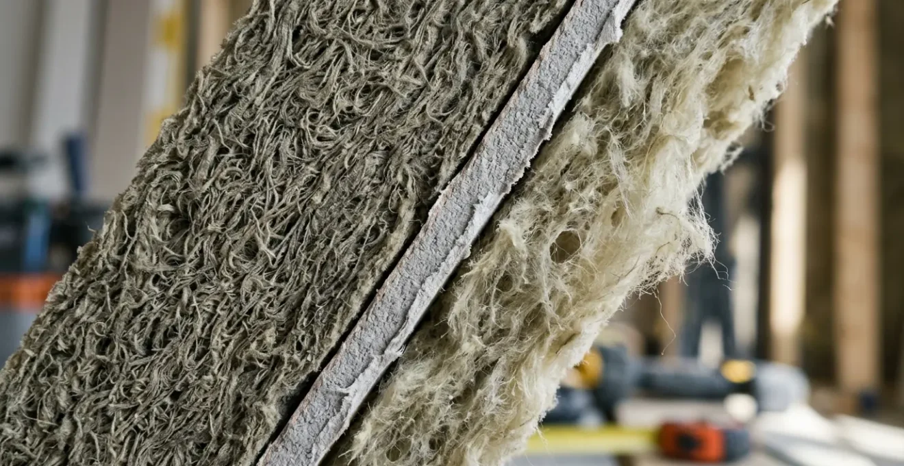 Coupe transversale d'une cloison montrant les couches d'isolant phonique avec différentes densités de matériaux