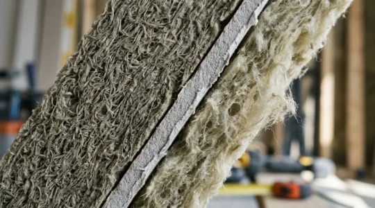 Coupe transversale d'une cloison montrant les couches d'isolant phonique avec différentes densités de matériaux