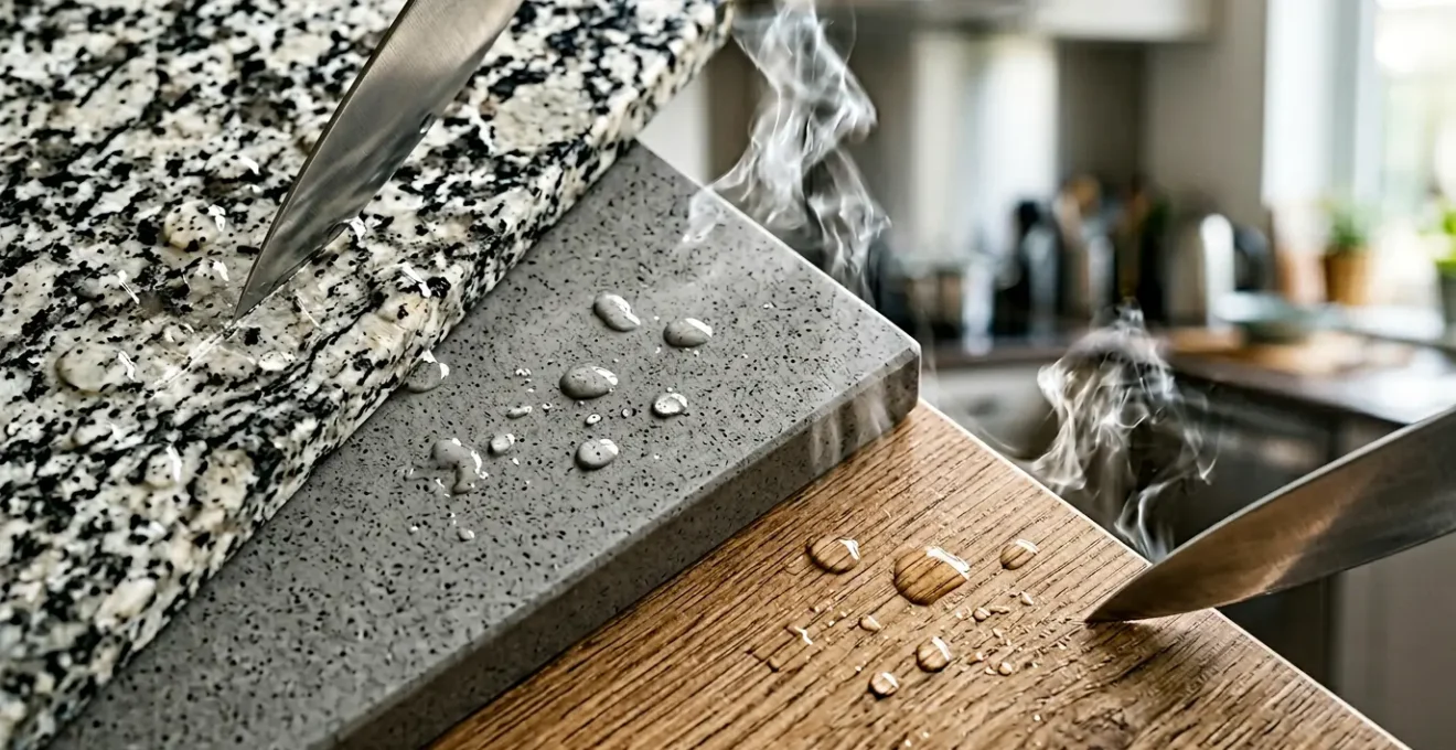 Comparaison visuelle de trois échantillons de plans de travail : granit moucheté, quartz uniforme et stratifié imitation bois