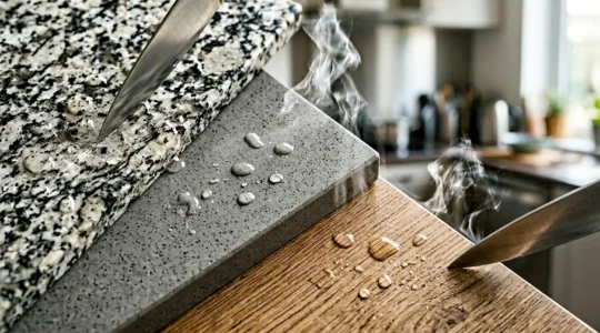 Comparaison visuelle de trois échantillons de plans de travail : granit moucheté, quartz uniforme et stratifié imitation bois