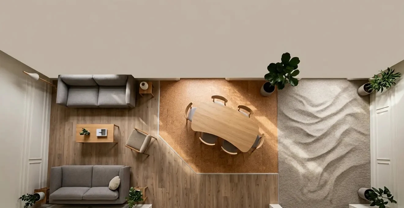 Comparaison visuelle de différents revêtements de sol avec visualisation des ondes acoustiques dans un intérieur français