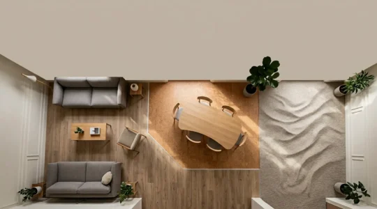 Comparaison visuelle de différents revêtements de sol avec visualisation des ondes acoustiques dans un intérieur français