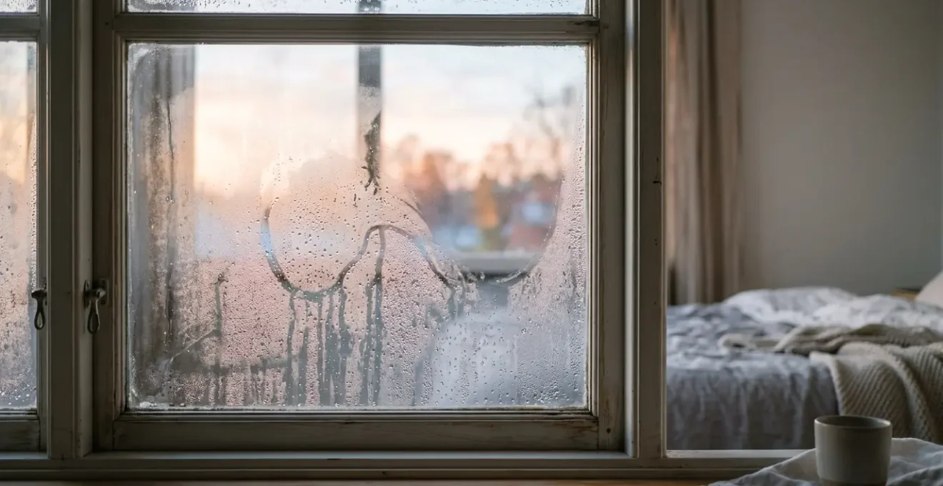 Fenêtre de chambre avec de la condensation matinale en hiver