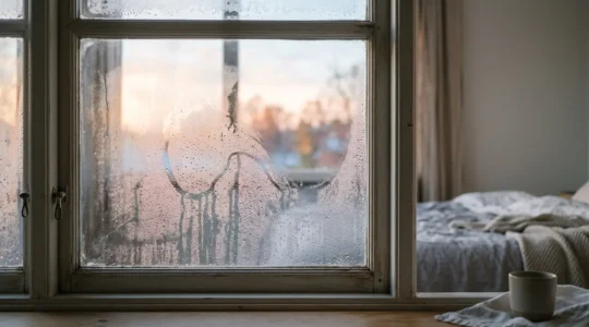 Fenêtre de chambre avec de la condensation matinale en hiver
