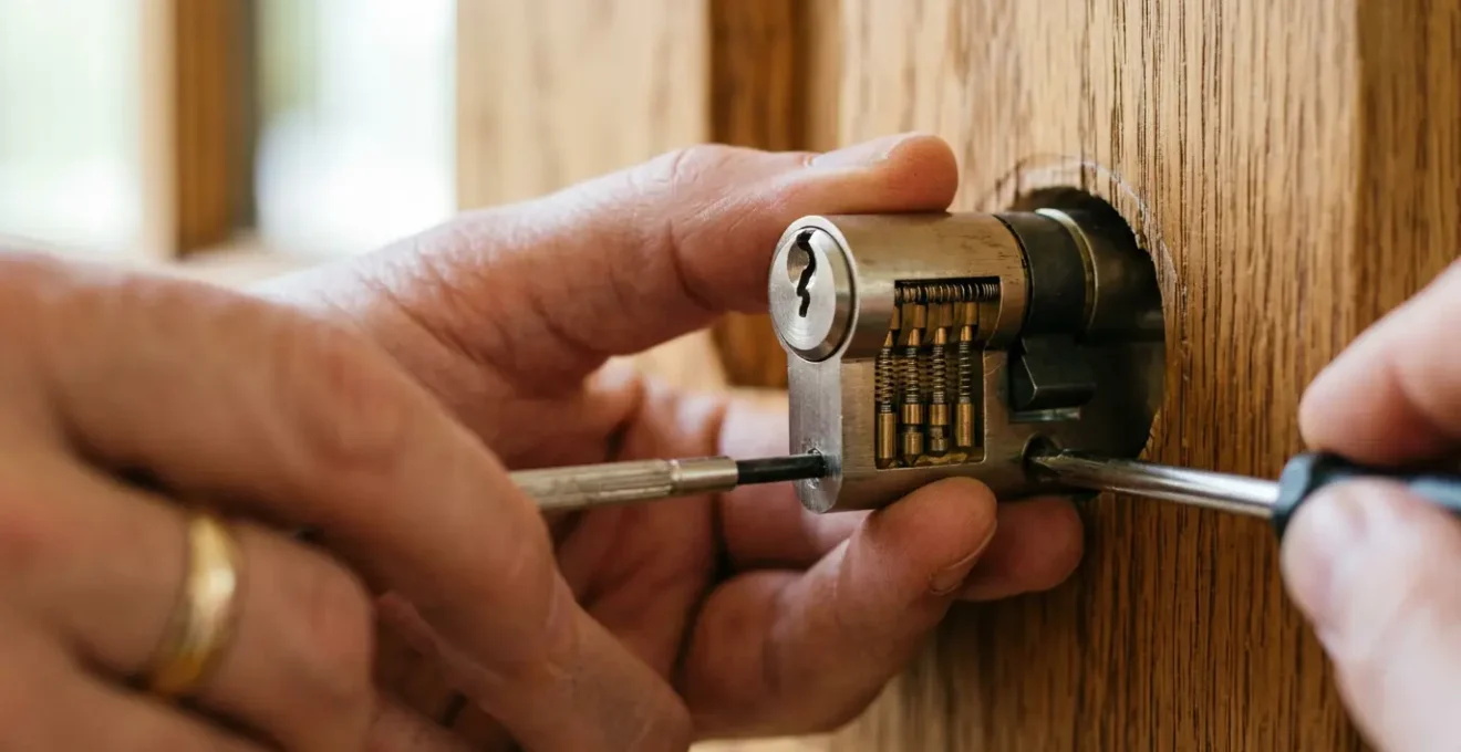Vue détaillée d'un cylindre de serrure moderne avec mécanisme débrayable visible dans une porte d'entrée résidentielle