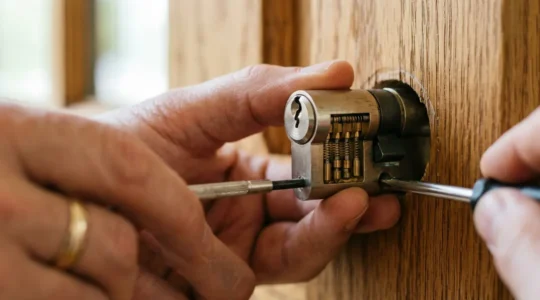 Vue détaillée d'un cylindre de serrure moderne avec mécanisme débrayable visible dans une porte d'entrée résidentielle