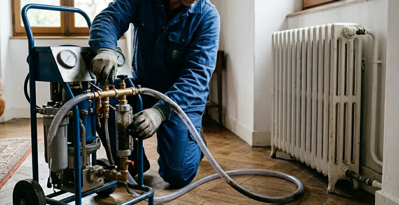 Technicien effectuant un désembouage hydrodynamique sur un circuit de chauffage avec équipement professionnel et radiateur