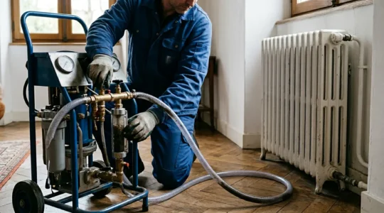 Technicien effectuant un désembouage hydrodynamique sur un circuit de chauffage avec équipement professionnel et radiateur
