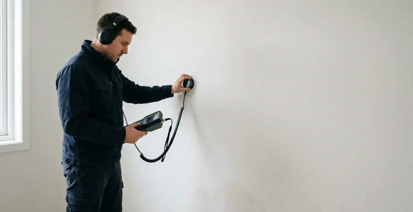 Expert utilisant un équipement de détection acoustique pour localiser une fuite d'eau sans endommager les murs