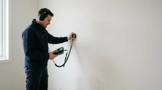Expert utilisant un équipement de détection acoustique pour localiser une fuite d'eau sans endommager les murs