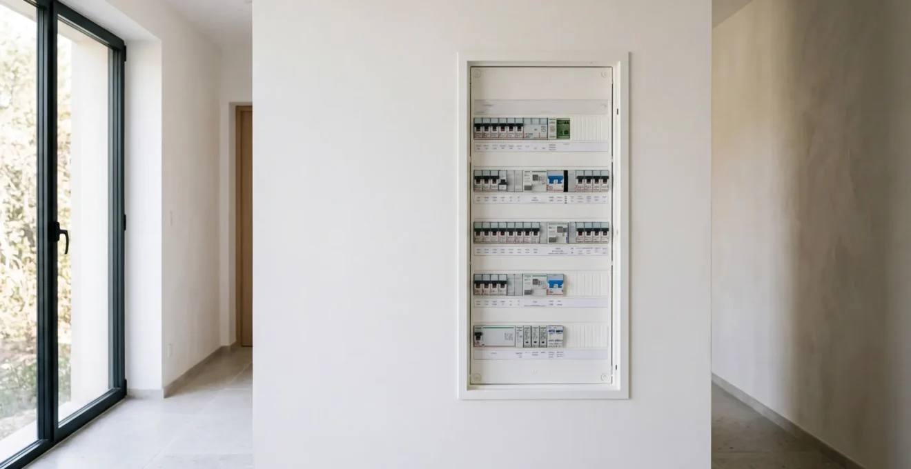 Vue d'un tableau électrique moderne avec disjoncteurs et différentiels, éclairage naturel révélant les détails techniques