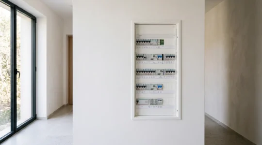 Vue d'un tableau électrique moderne avec disjoncteurs et différentiels, éclairage naturel révélant les détails techniques