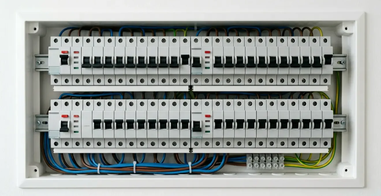 Vue en gros plan d'un tableau électrique moderne avec disjoncteurs différentiels et divisionnaires alignés