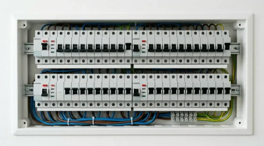 Vue en gros plan d'un tableau électrique moderne avec disjoncteurs différentiels et divisionnaires alignés