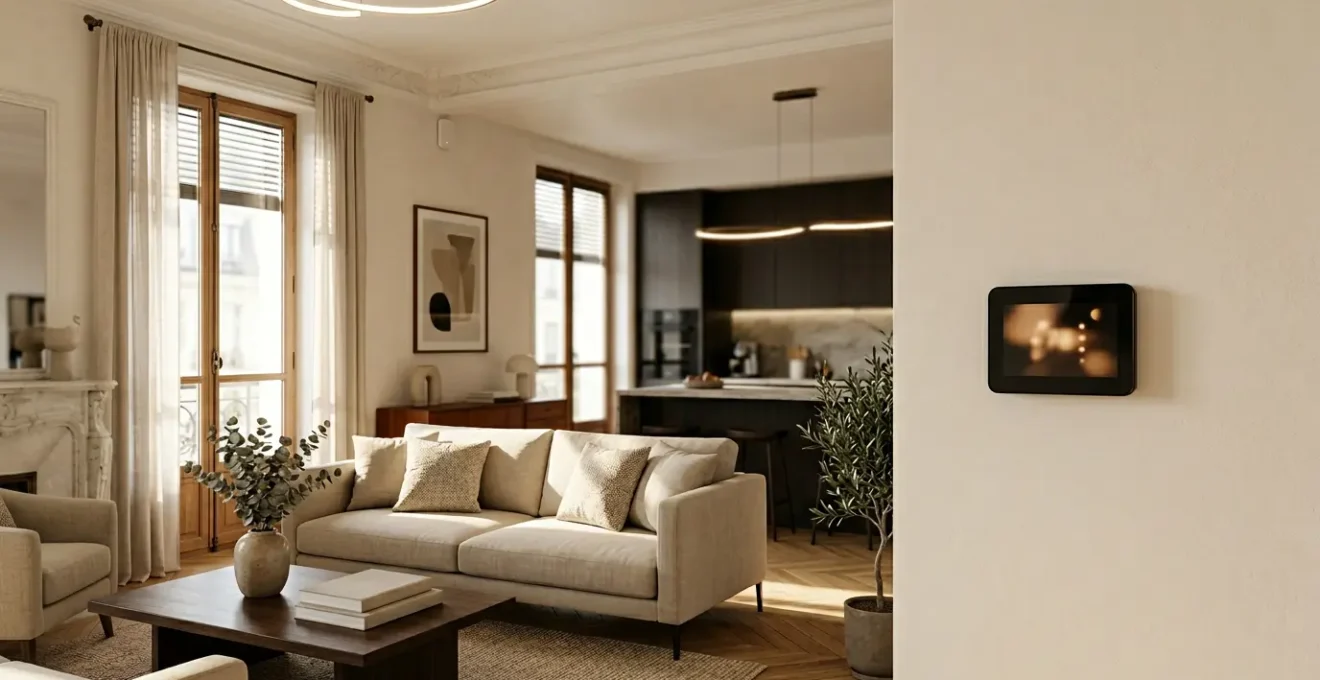 Salon moderne avec système domotique intégré montrant des écrans de contrôle énergétique et un thermostat intelligent