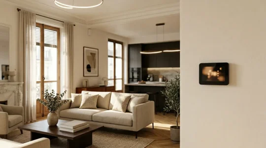 Salon moderne avec système domotique intégré montrant des écrans de contrôle énergétique et un thermostat intelligent