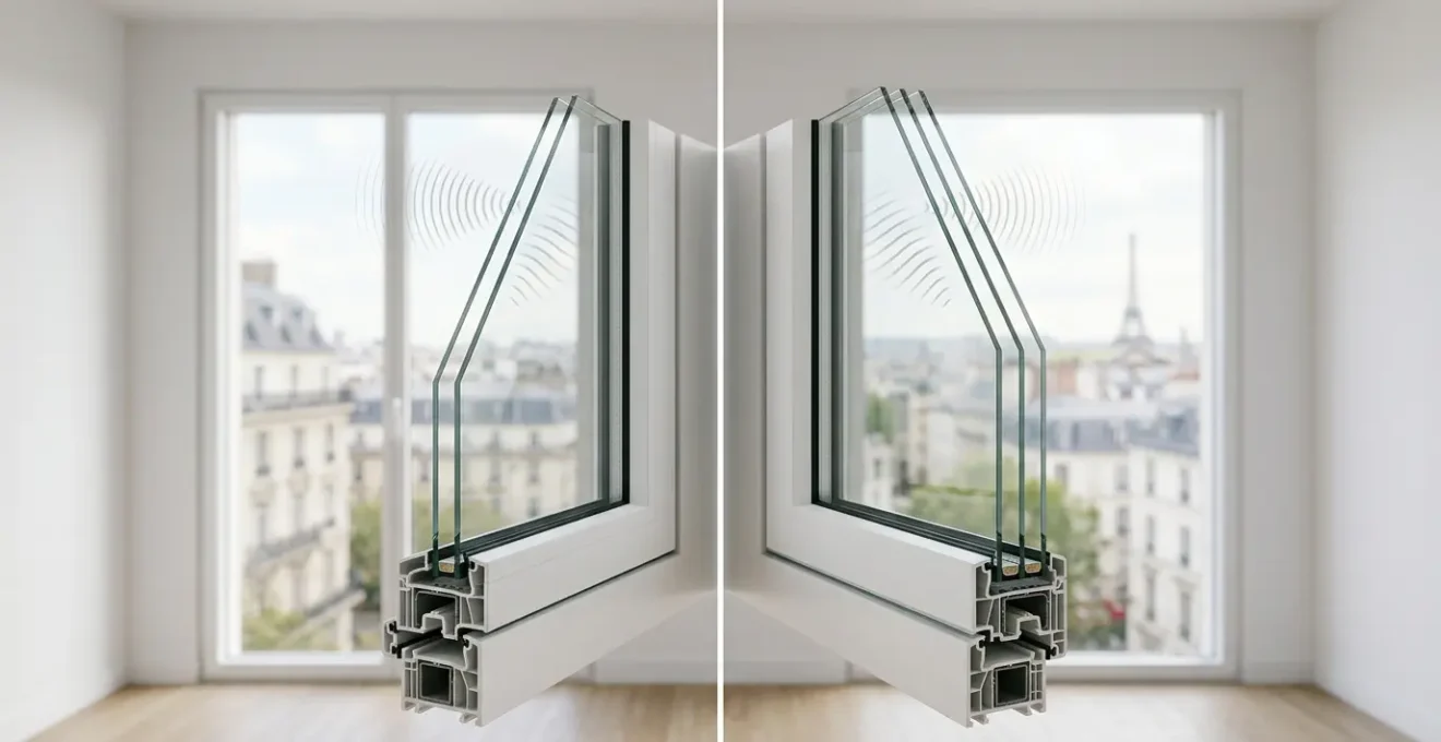 Comparaison côte à côte d'un double et triple vitrage avec représentation des ondes sonores