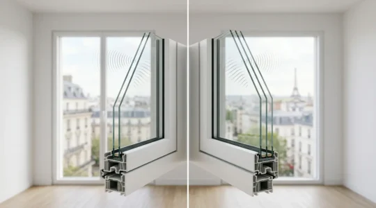 Comparaison côte à côte d'un double et triple vitrage avec représentation des ondes sonores