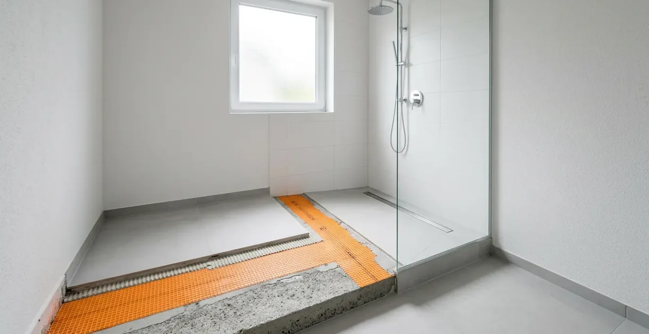 Vue détaillée d'une douche à l'italienne moderne avec système d'étanchéité visible sous carrelage, caniveau et pente optimale