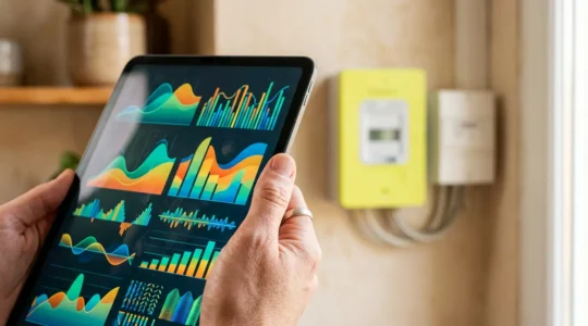 Vue rapprochée d'une main analysant des graphiques de consommation énergétique sur une tablette, avec un compteur Linky jaune flou en arrière-plan