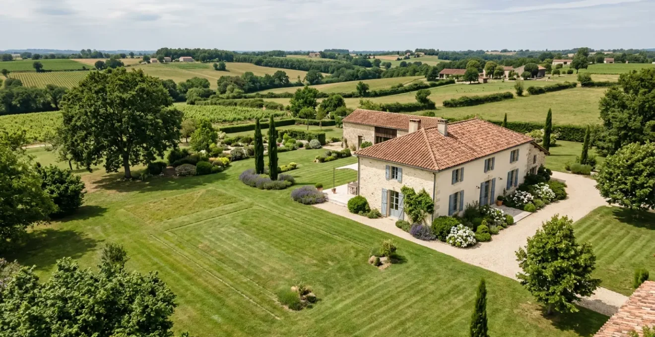 Vue aérienne d'une maison française avec installation d'assainissement individuel et jardin verdoyant
