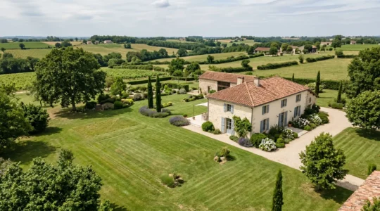 Vue aérienne d'une maison française avec installation d'assainissement individuel et jardin verdoyant