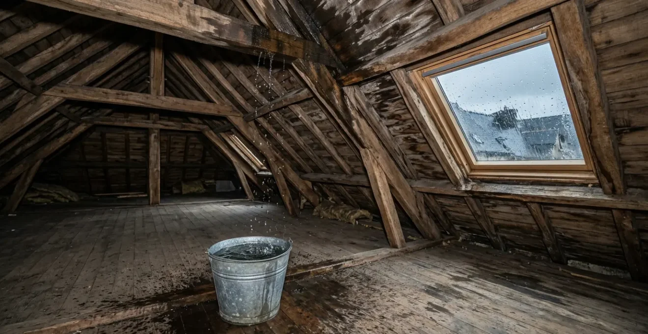 Vue intérieure d'une maison montrant une fuite de toiture avec des gouttes d'eau tombant dans un seau posé sur un parquet en bois