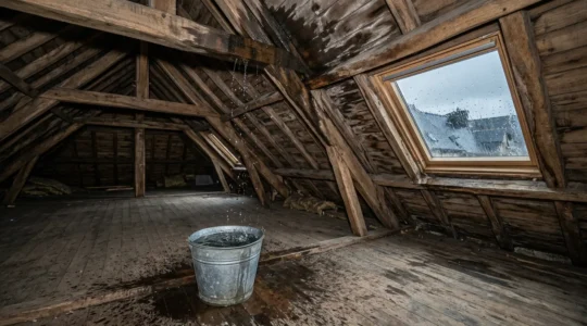 Vue intérieure d'une maison montrant une fuite de toiture avec des gouttes d'eau tombant dans un seau posé sur un parquet en bois