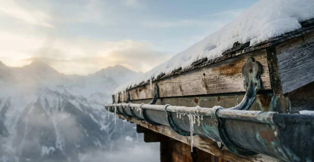 Vue de gouttières en zinc sur un chalet de montagne avec neige et glace