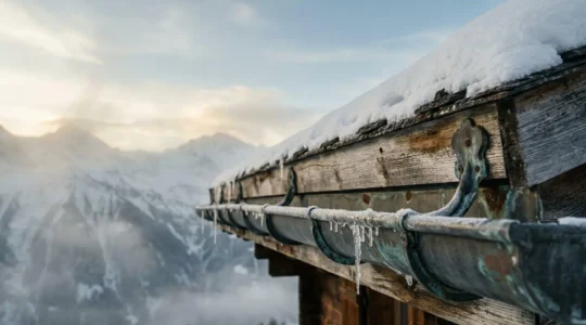 Vue de gouttières en zinc sur un chalet de montagne avec neige et glace