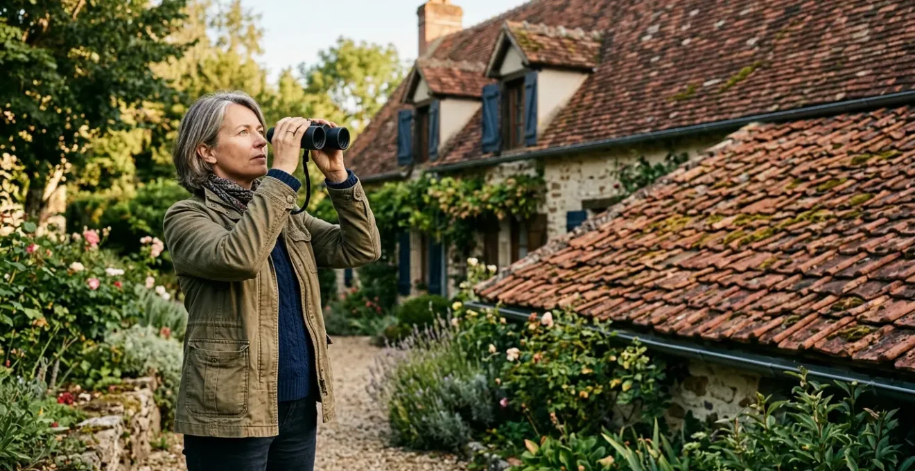 Propriétaire inspectant sa toiture avec des jumelles depuis le jardin pour l'entretien annuel