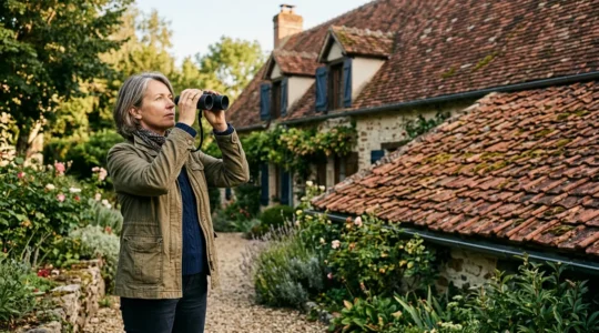 Propriétaire inspectant sa toiture avec des jumelles depuis le jardin pour l'entretien annuel