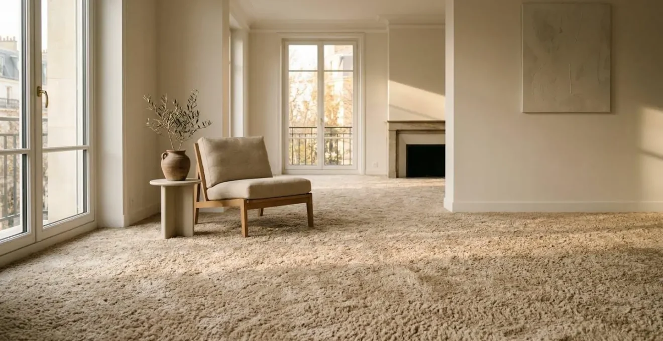 Salon moderne avec moquette épaisse, lumière naturelle mettant en valeur les fibres textiles et l'ambiance chaleureuse