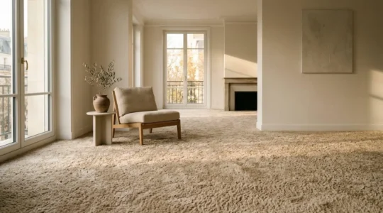 Salon moderne avec moquette épaisse, lumière naturelle mettant en valeur les fibres textiles et l'ambiance chaleureuse