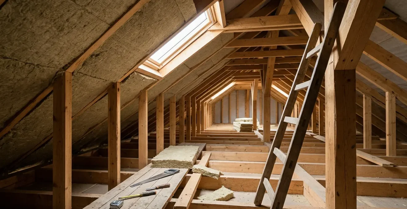 Vue intérieure de combles en cours d'isolation montrant l'installation de panneaux isolants entre les chevrons