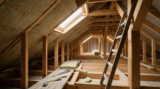 Vue intérieure de combles en cours d'isolation montrant l'installation de panneaux isolants entre les chevrons