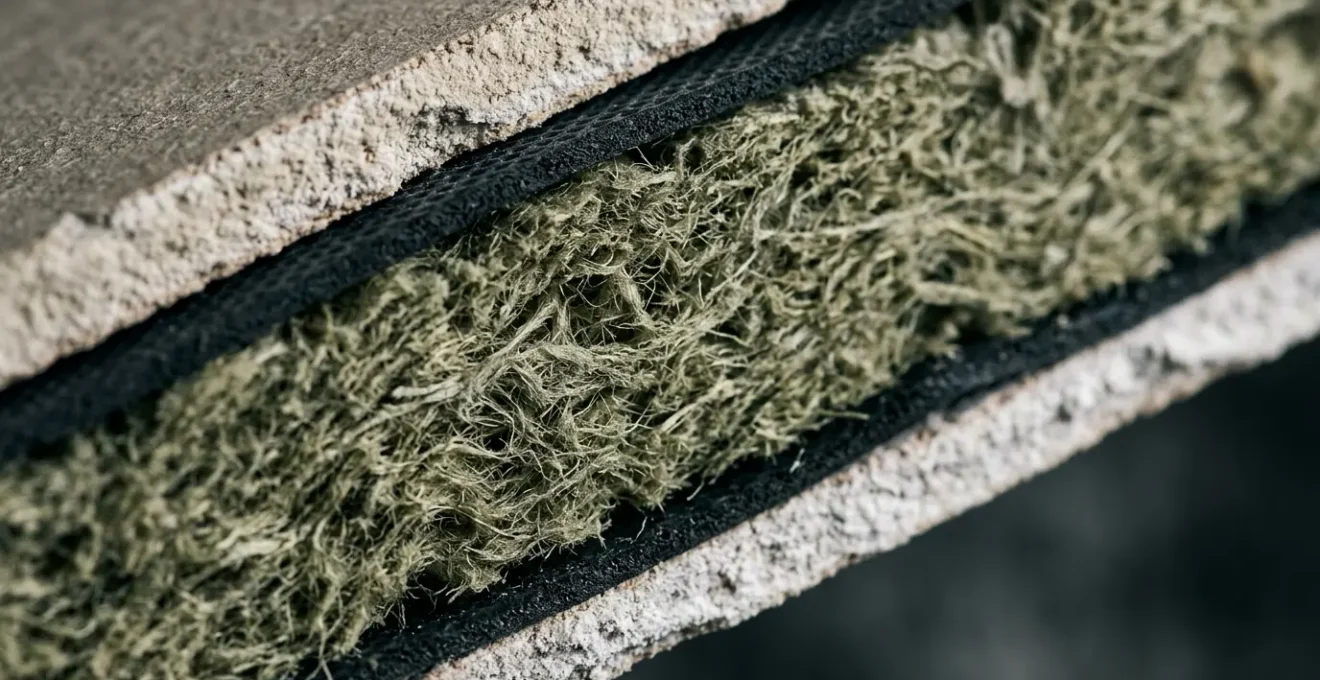 Vue macro d'un isolant phonique de haute densité dans une cloison avec superposition de matériaux multicouches