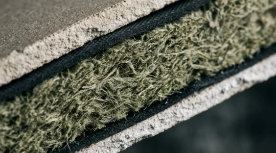 Vue macro d'un isolant phonique de haute densité dans une cloison avec superposition de matériaux multicouches