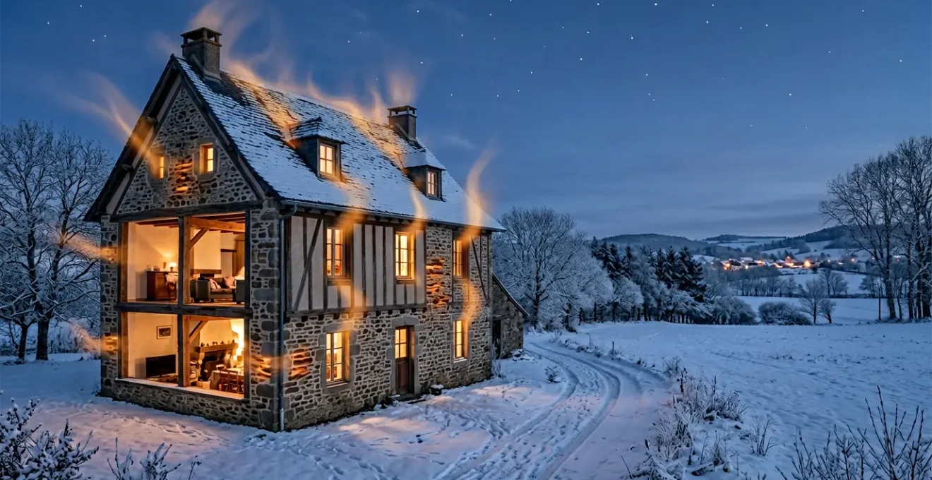 Vue thermographique d'une maison montrant les zones de déperditions de chaleur en couleurs chaudes