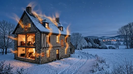 Vue thermographique d'une maison montrant les zones de déperditions de chaleur en couleurs chaudes